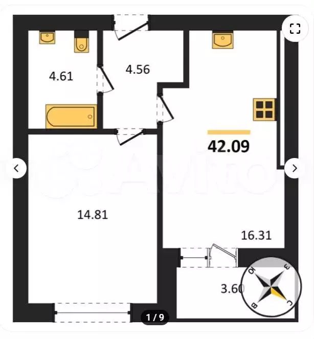 1-к. квартира, 42,1 м, 2/9 эт. - Фото 1