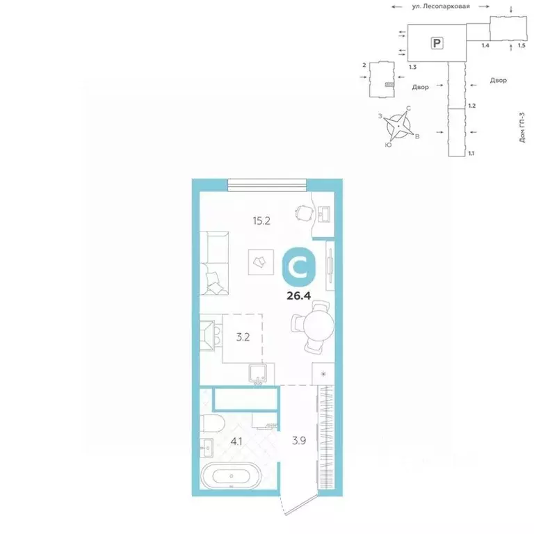 Студия Тюменская область, Тюмень ул. Лесопарковая, 20 (26.4 м) - Фото 1