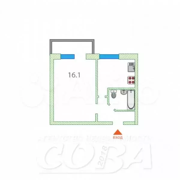1-к. квартира, 30 м, 2/5 эт. - Фото 0