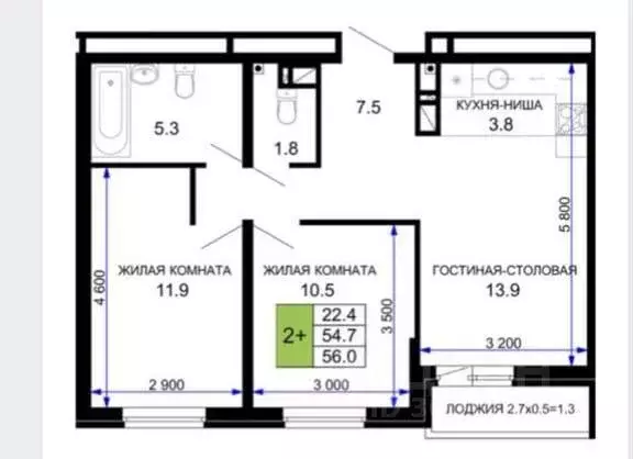 Квартира, 2 комнаты, 56 м - Фото 0