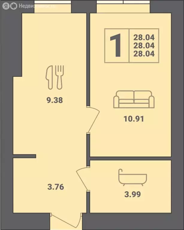 1-комнатная квартира: Пионерский, улица Гептнера, 17 (28.04 м) - Фото 0