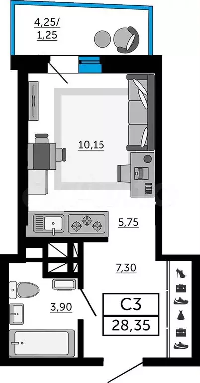 Квартира-студия, 28,4 м, 3/21 эт. - Фото 0