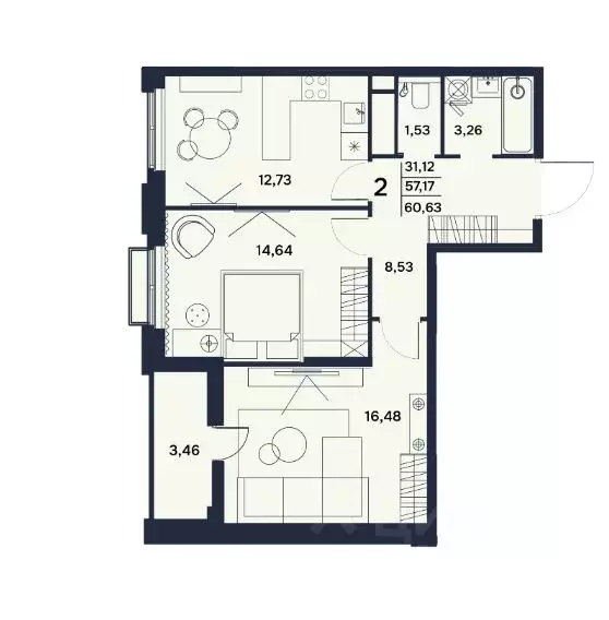 2-к кв. Пензенская область, Пенза Гармония жилой комплекс (60.63 м) - Фото 1