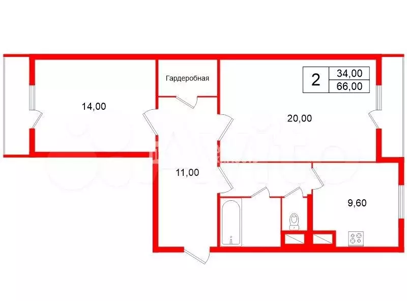 2-к. квартира, 66 м, 5/9 эт. - Фото 0