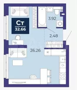 Квартира-студия, 32,7 м, 1/15 эт. - Фото 1