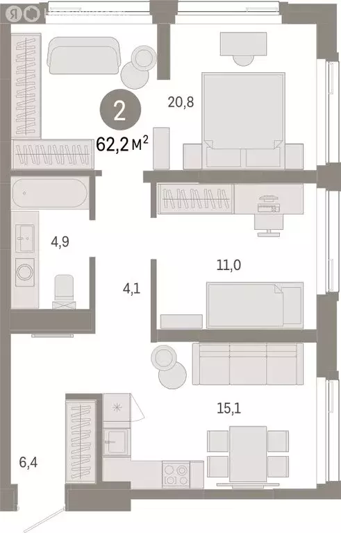 2-комнатная квартира: Тюмень, жилой комплекс Зарека (62.24 м) - Фото 1