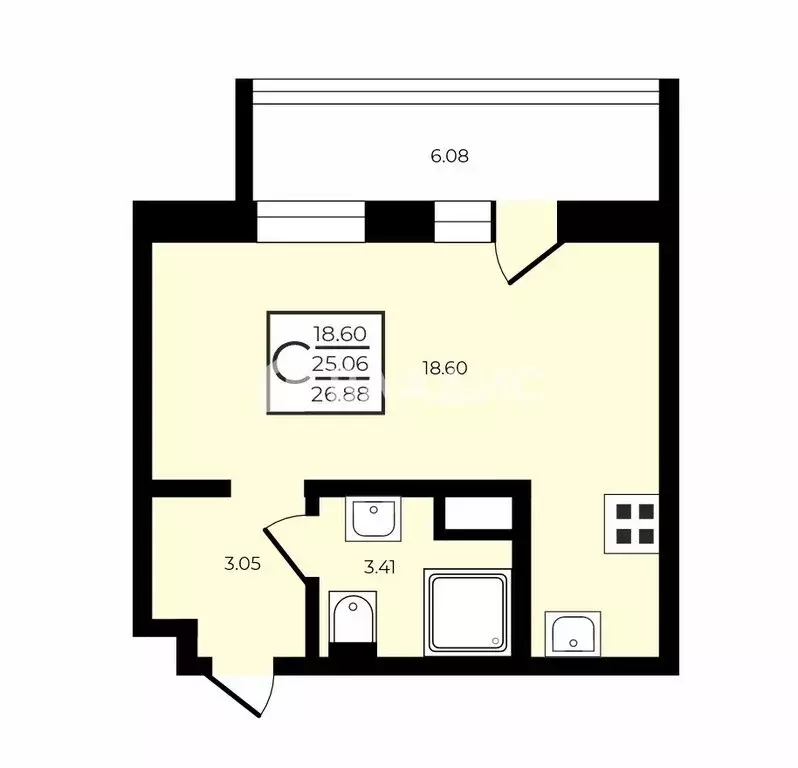 Квартира-студия: Кудрово, проспект Строителей, 1к1 (26.88 м) - Фото 1