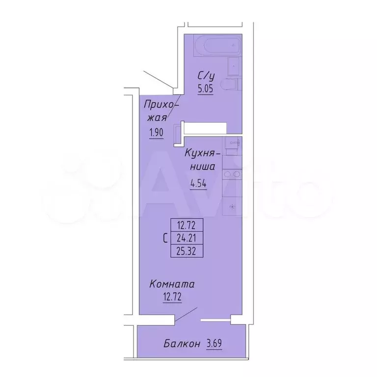 квартира-студия, 25,3 м, 6/9 эт. - Фото 0