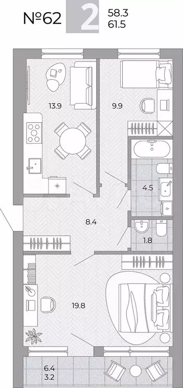 2-к. квартира, 61,5 м, 3/4 эт. - Фото 0