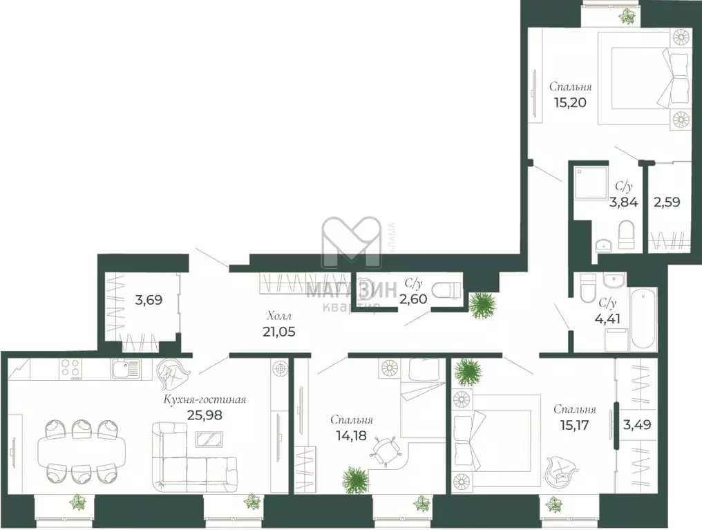 3-к кв. Санкт-Петербург ул. Бармалеева, 22Б (114.0 м) - Фото 2
