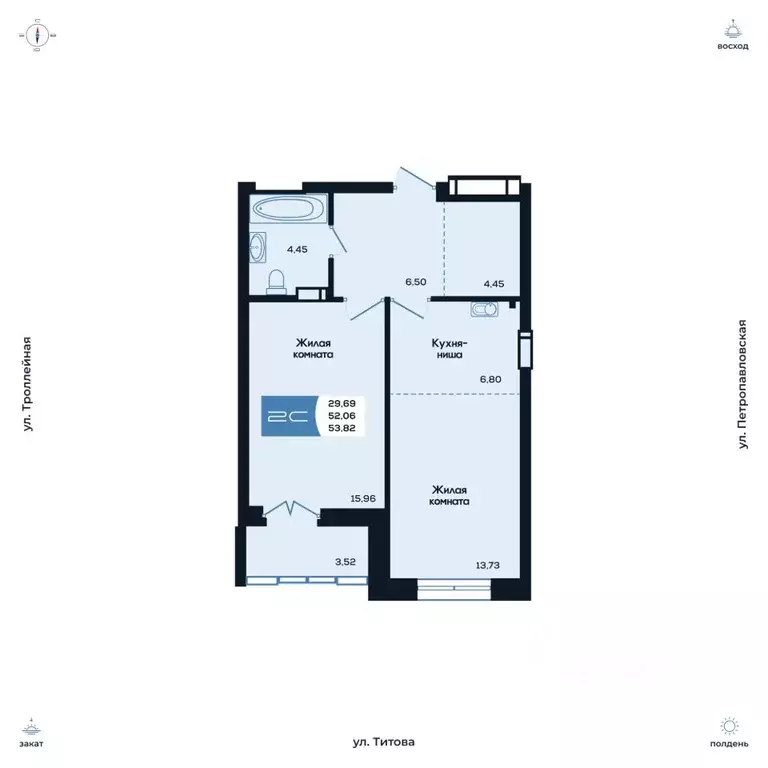 2-к кв. Новосибирская область, Новосибирск ул. Титова, 48 (53.64 м) - Фото 1