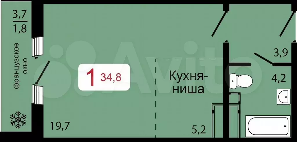 1-к. квартира, 34,8 м, 14/17 эт. - Фото 0