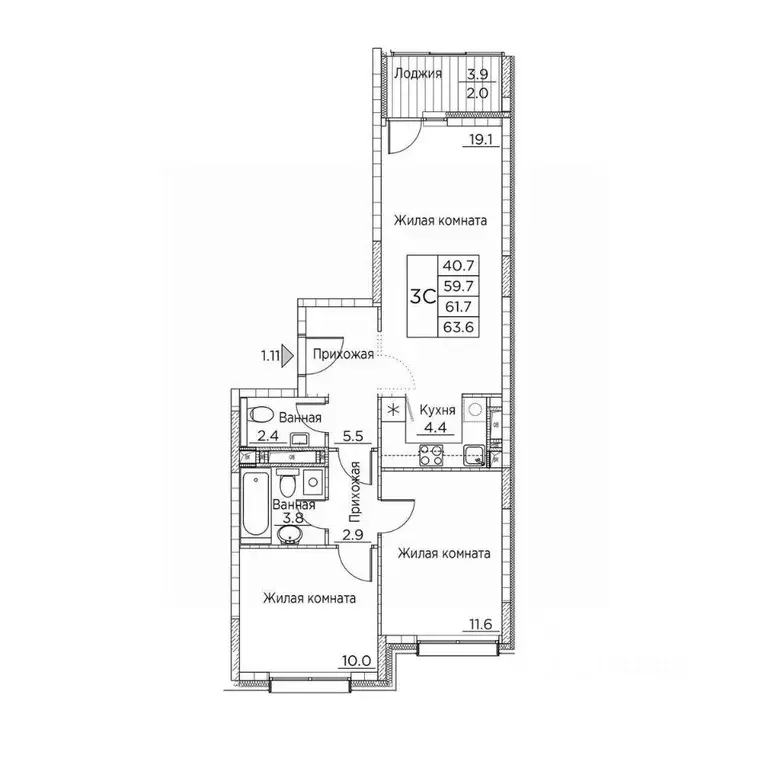 3-к кв. Приморский край, Владивосток ул. Расула Гамзатова, 7к2 (63.6 ... - Фото 2
