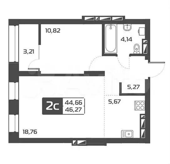 2-к. квартира, 46,3 м, 2/25 эт. - Фото 0