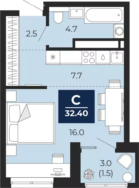 Квартира-студия: Тюмень, проезд Капитана Куликова, 3 (33.9 м) - Фото 1