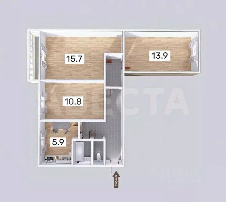 3-к кв. Омская область, Омск Волгоградская ул., 6 (59.4 м) - Фото 2