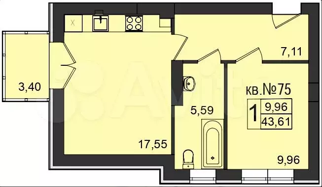 1-к. квартира, 43,6 м, 2/5 эт. - Фото 1