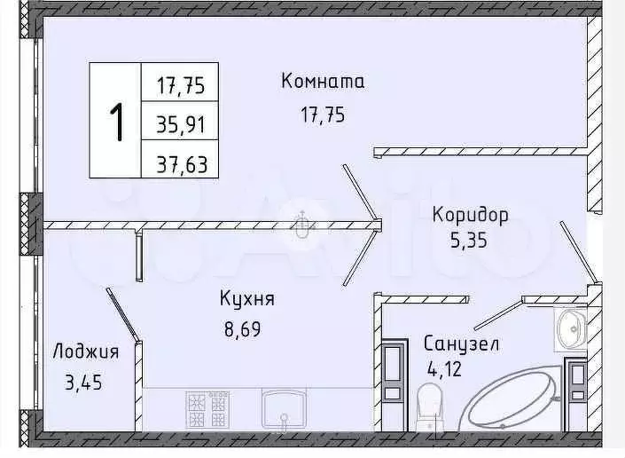 1-к. квартира, 37,6 м, 8/16 эт. - Фото 0