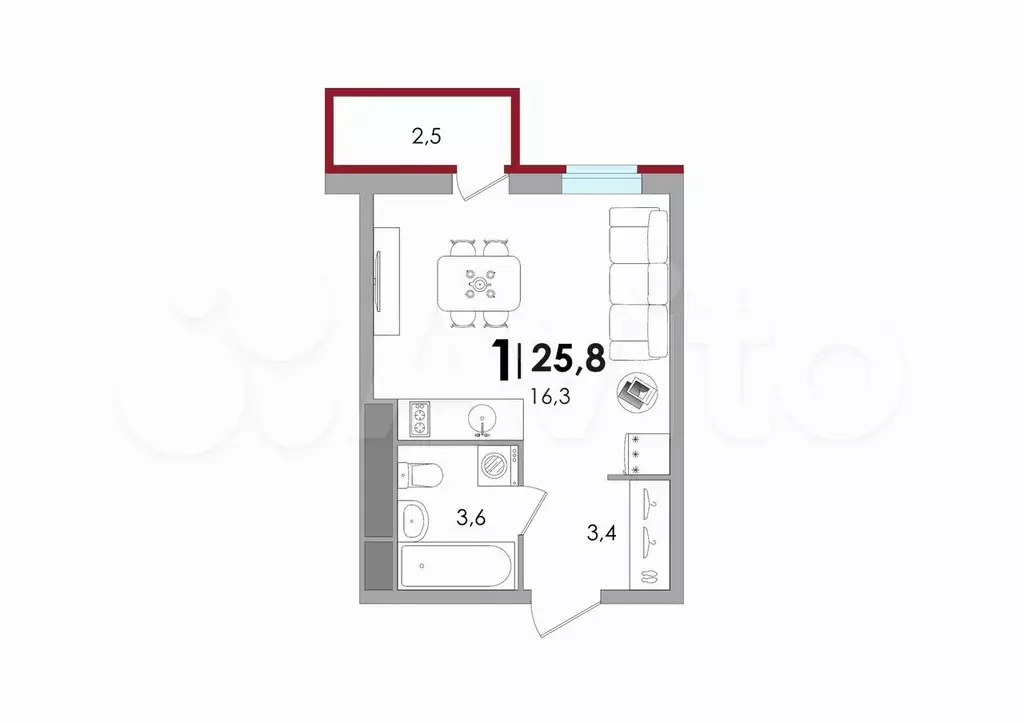 Квартира-студия, 25,8 м, 12/18 эт. - Фото 1