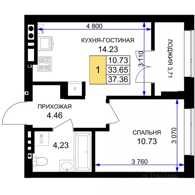 1-к кв. Калининградская область, Гурьевск Включи жилой комплекс (37.36 ... - Фото 0