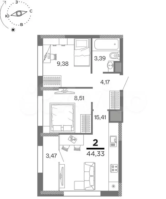2-к. квартира, 42,6 м, 8/16 эт. - Фото 1