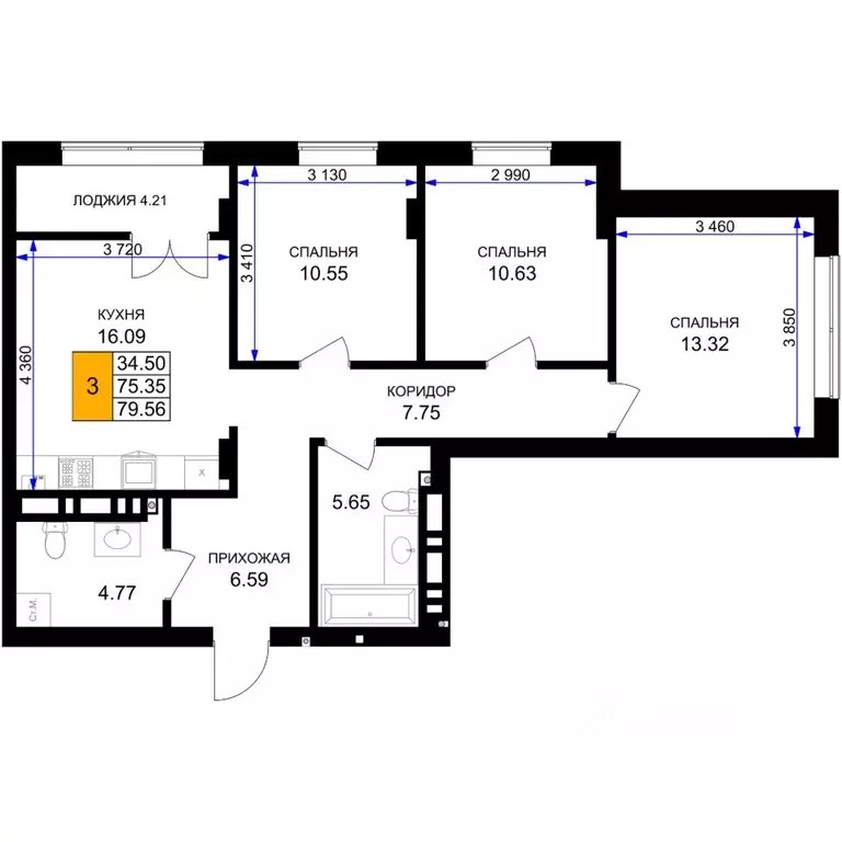 3-к кв. Калининградская область, Гурьевск Включи жилой комплекс (79.56 ... - Фото 0