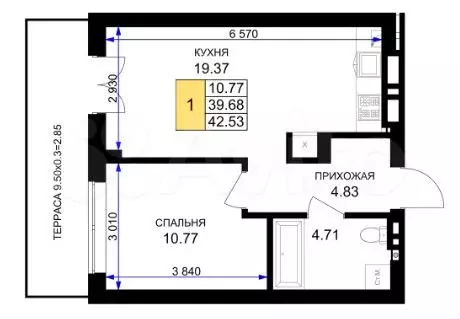1-к. квартира, 42,5 м, 1/7 эт. - Фото 1