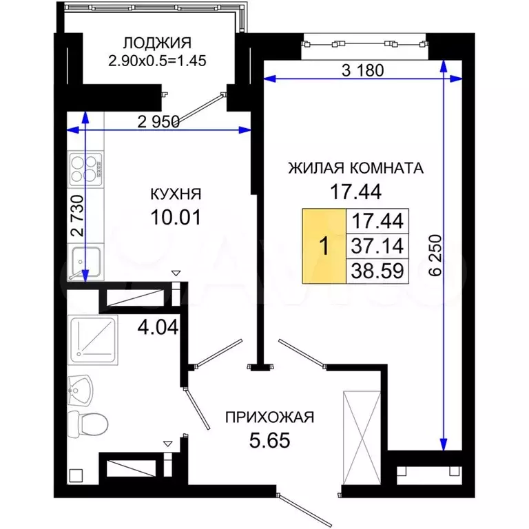 1-к. квартира, 38,6 м, 4/24 эт. - Фото 1