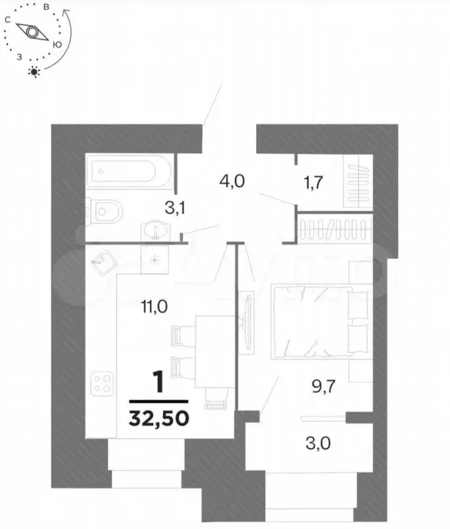 1-к. квартира, 32,5 м, 11/15 эт. - Фото 1