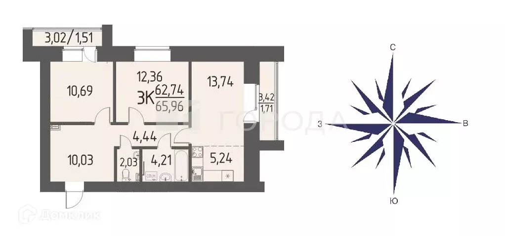 Продаётся 3-к квартира, 65.96 м - Фото 0