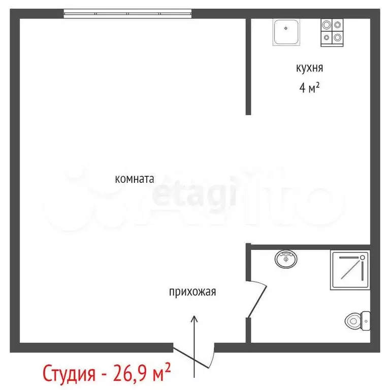 Квартира-студия, 26,9 м, 1/2 эт. - Фото 1