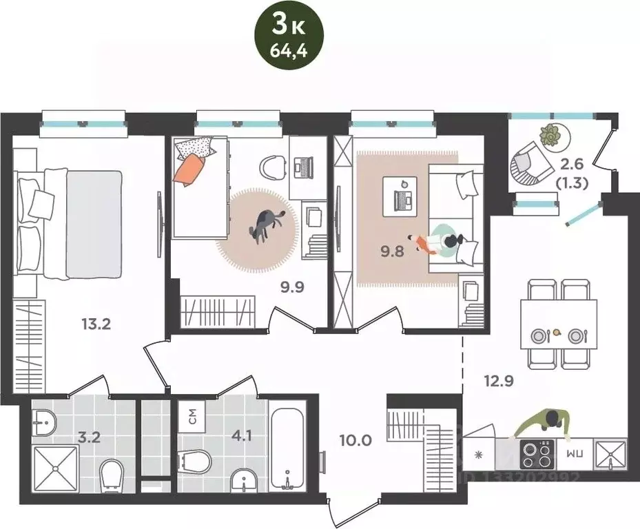 3-к кв. Пермский край, Пермь ул. Куфонина, 1 (64.4 м) - Фото 0