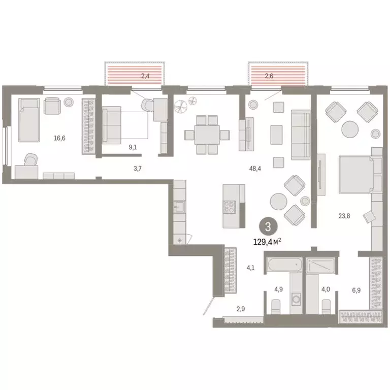 3-комнатная квартира: Тюмень, Мысовская улица, 26к2 (129.42 м) - Фото 1