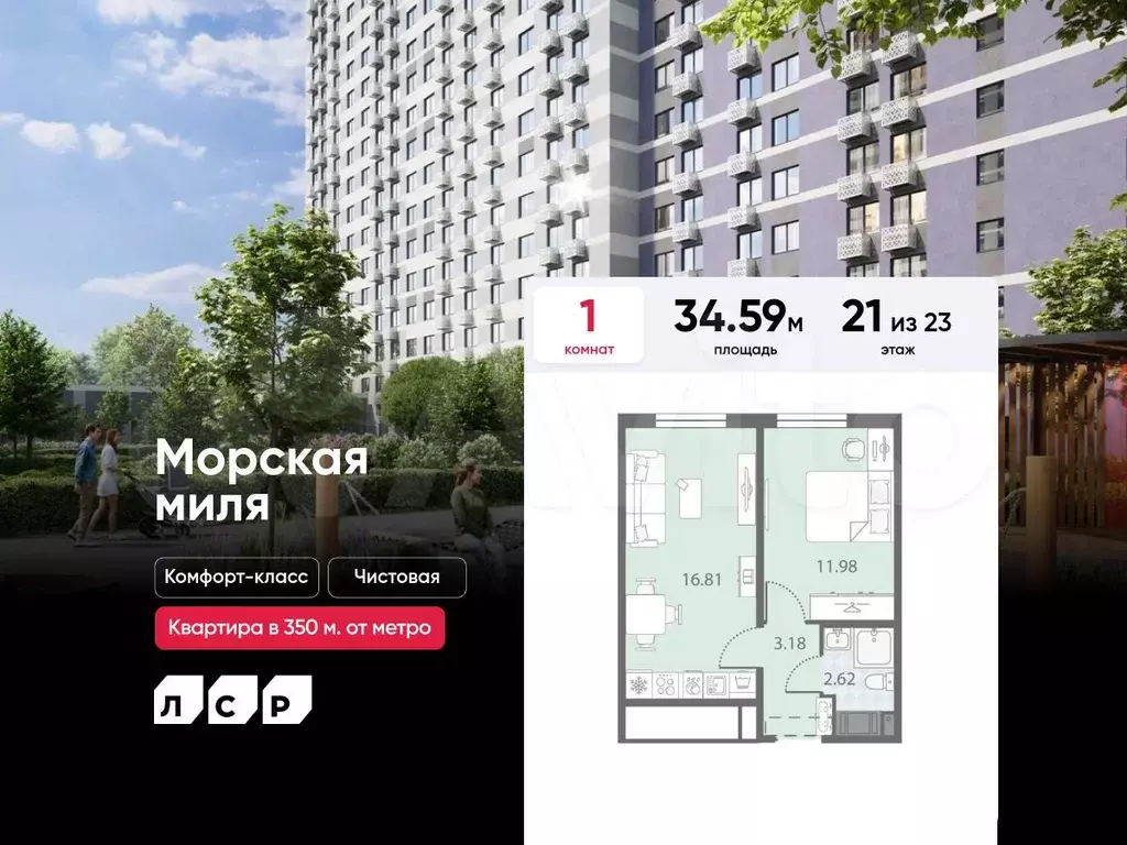 1-к. квартира, 34,6 м, 21/23 эт. - Фото 0