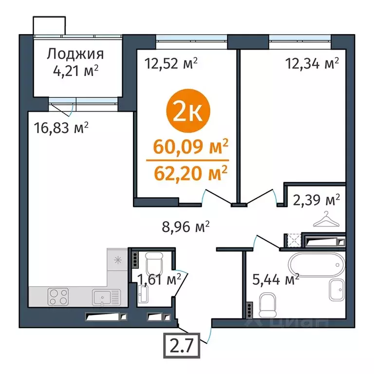 2-к кв. Тюменская область, Тюмень ул. Краснооктябрьская, 12 (60.09 м) - Фото 1