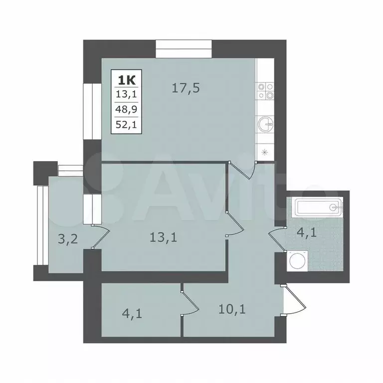 1-к. квартира, 52,1 м, 4/4 эт. - Фото 1