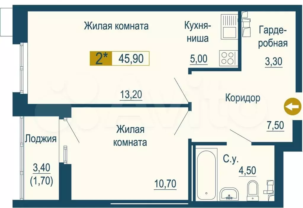 1-к. квартира, 45,9 м, 5/25 эт. - Фото 0