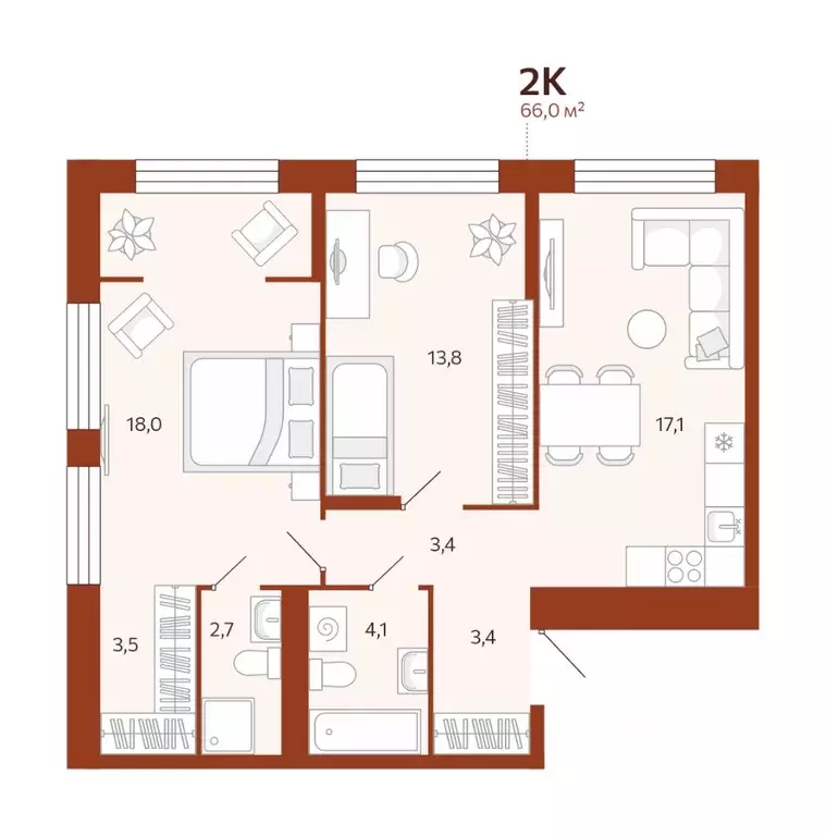 2-к кв. Тюменская область, Тюмень ул. Новаторов, 30 (65.98 м) - Фото 0