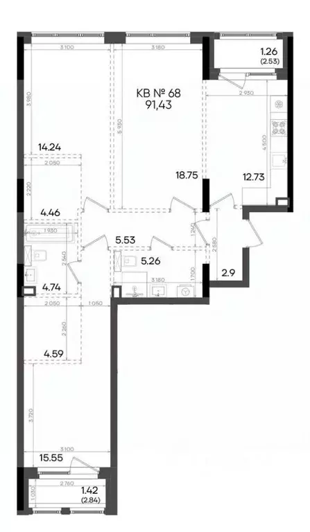 3-к кв. Татарстан, Казань ул. Аделя Кутуя, 180 (91.43 м) - Фото 1