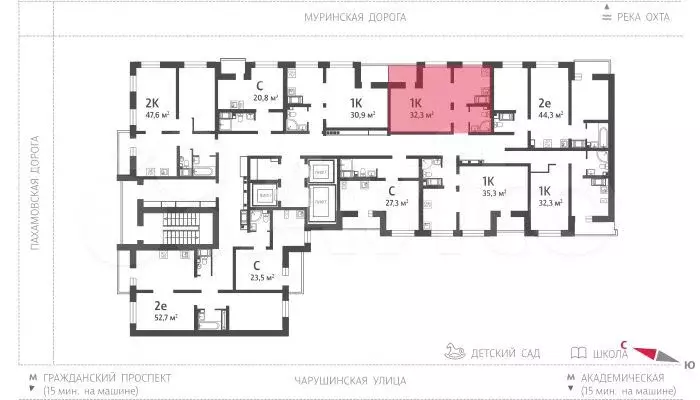 1-к. квартира, 32,3 м, 22/25 эт. - Фото 1