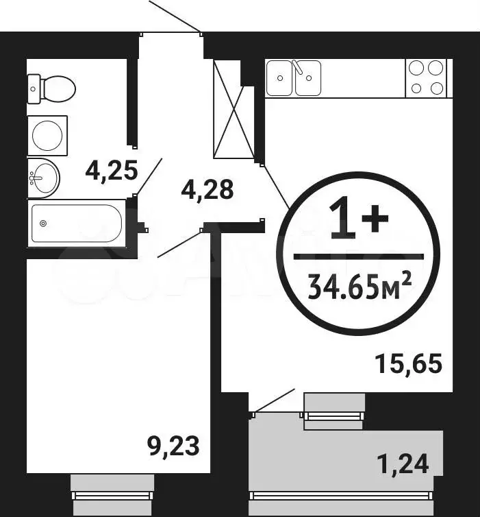 1-к. квартира, 34,7 м, 4/8 эт. - Фото 0