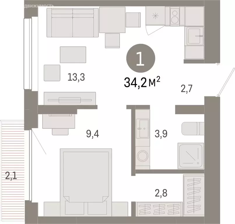 1-комнатная квартира: Новосибирск, квартал Лебедевский (34.2 м) - Фото 1