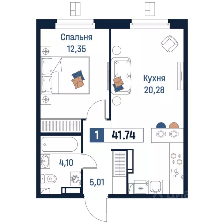 1-к кв. Ленинградская область, Мурино Всеволожский район,  (41.74 м) - Фото 0