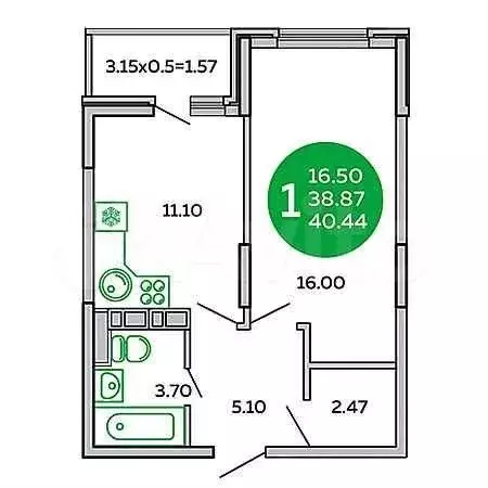 1-к. квартира, 38,9 м, 5/9 эт. - Фото 0