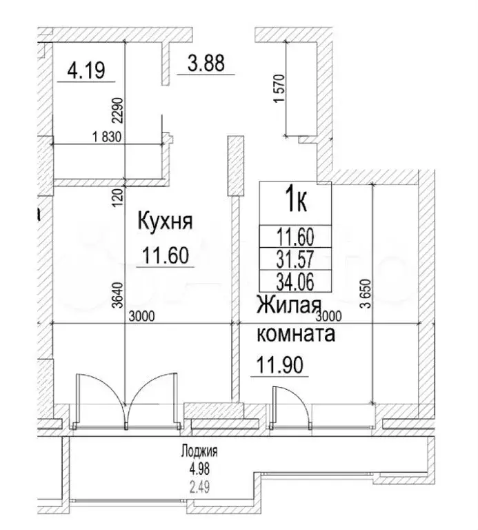 1-к. квартира, 34,1 м, 3/21 эт. - Фото 0