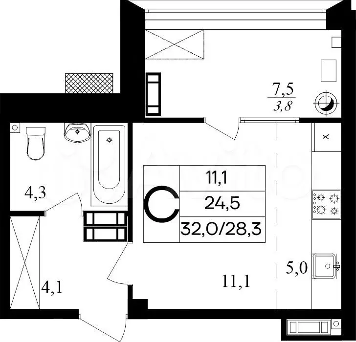 Квартира-студия, 32 м, 6/8 эт. - Фото 0
