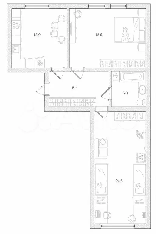 2-к. квартира, 69,9 м, 1/3 эт. - Фото 0