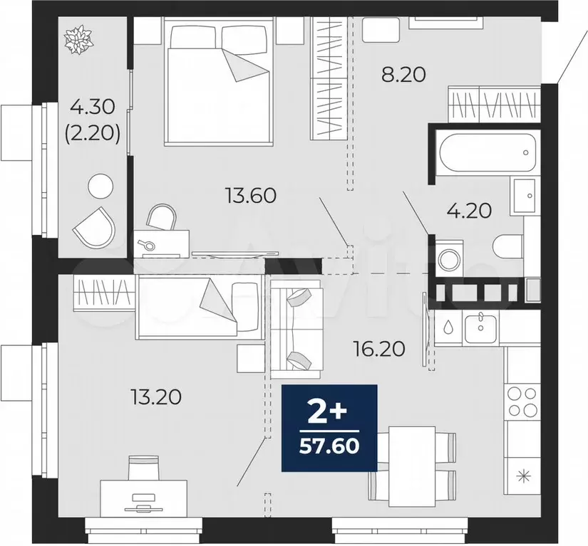 2-к. квартира, 57,6 м, 7/24 эт. - Фото 0