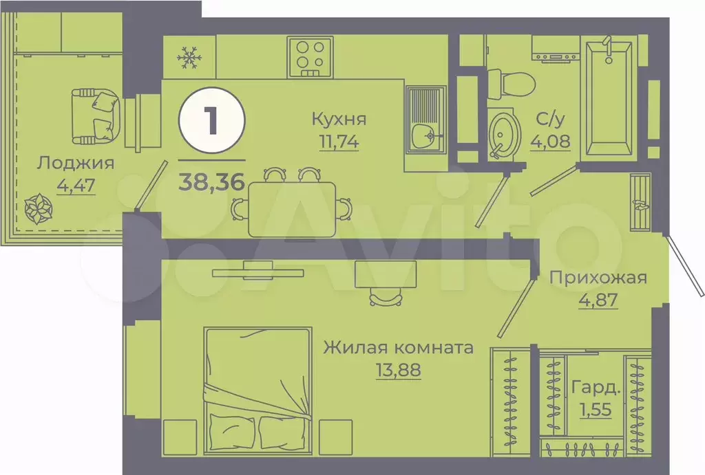 1-к. квартира, 38,2 м, 10/24 эт. - Фото 0