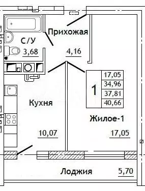 1-к. квартира, 40,7 м, 7/10 эт. - Фото 0